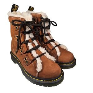 Dr. Martens 1460 Shearling Lined Boots Winter Lace Up Brown Leather Size 6